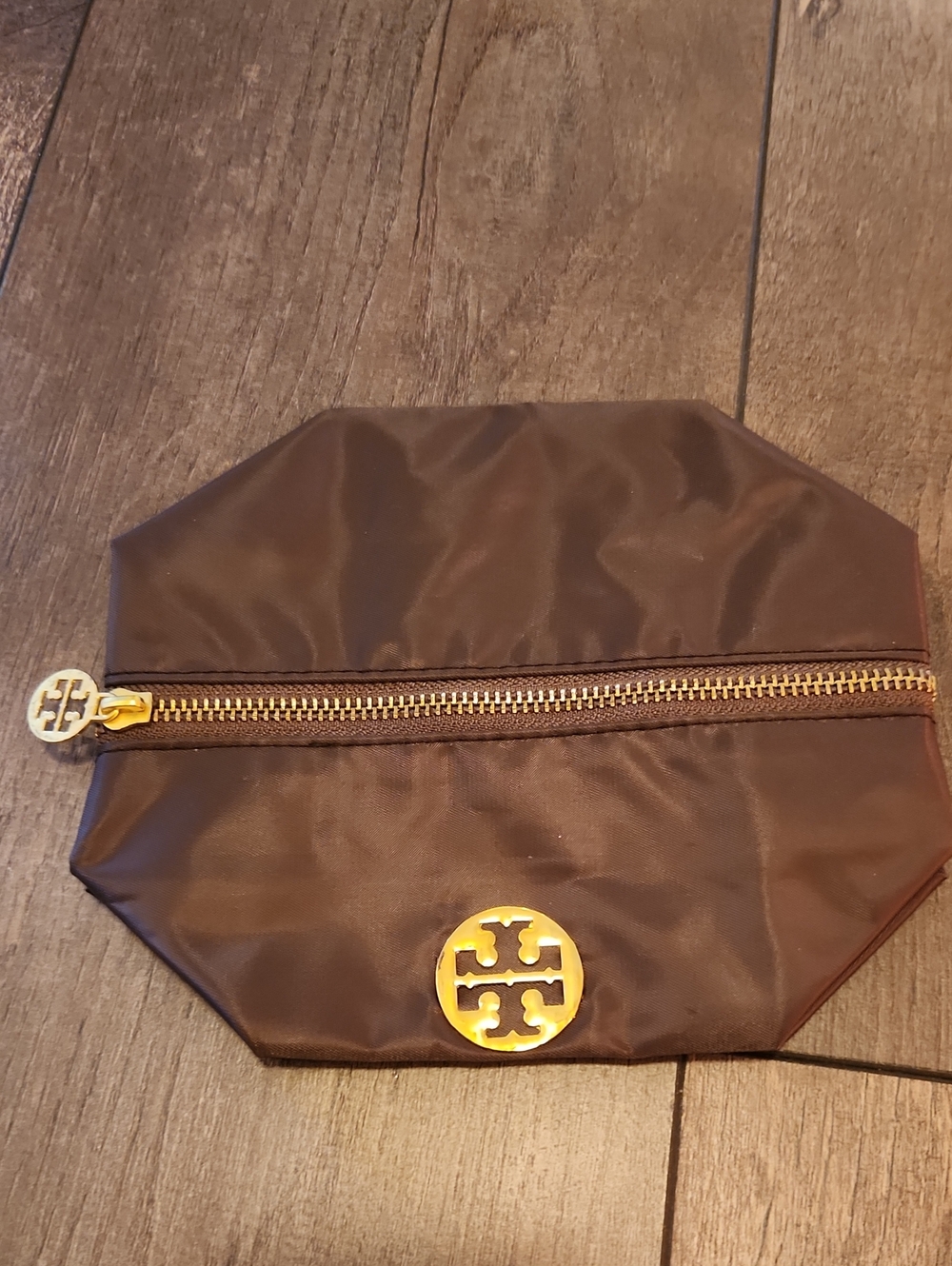 Tory Burch Chocolate Brown Nylon Toiletry Pouch with Gold Logo